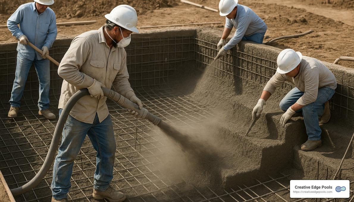technicians applying gunite to a pool structure - gunite