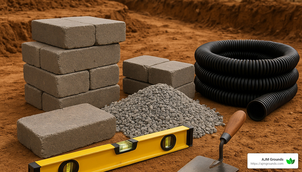 Construction tools and materials for retaining wall with paver patio - retaining wall with paver patio