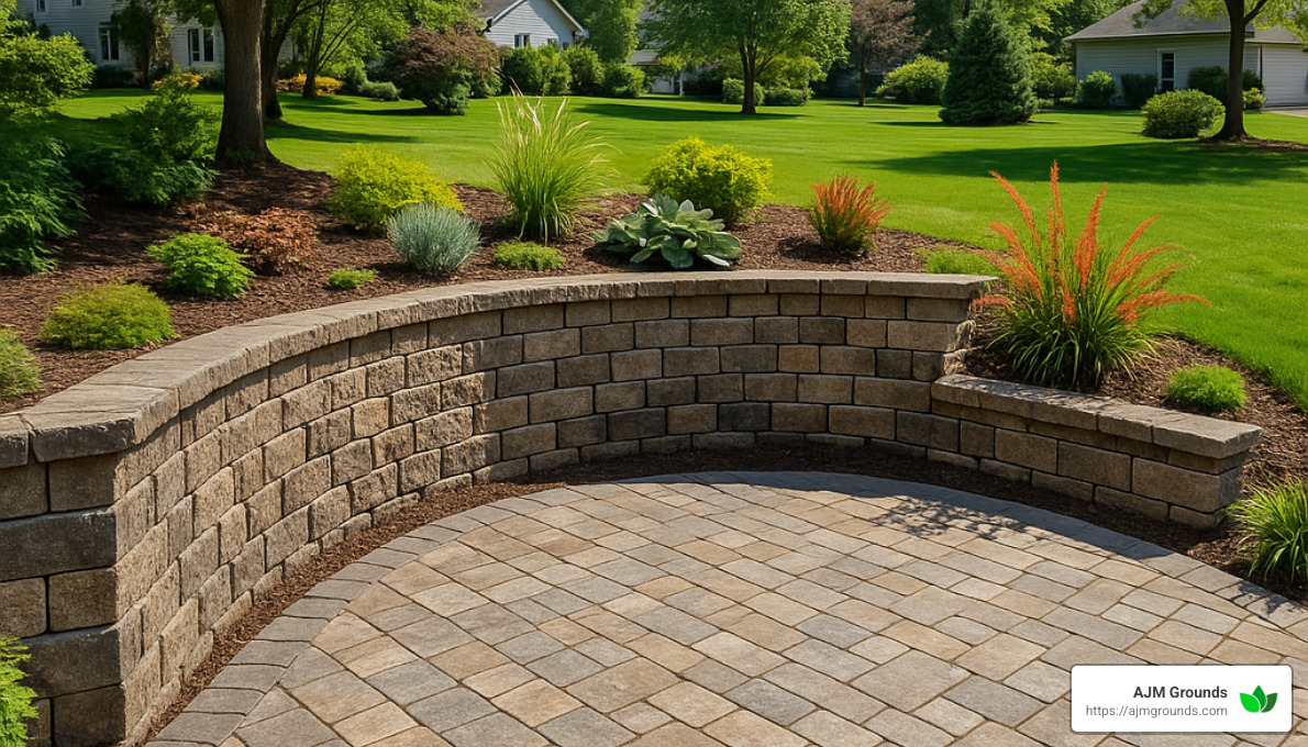 Finished retaining wall with paver patio project - retaining wall with paver patio