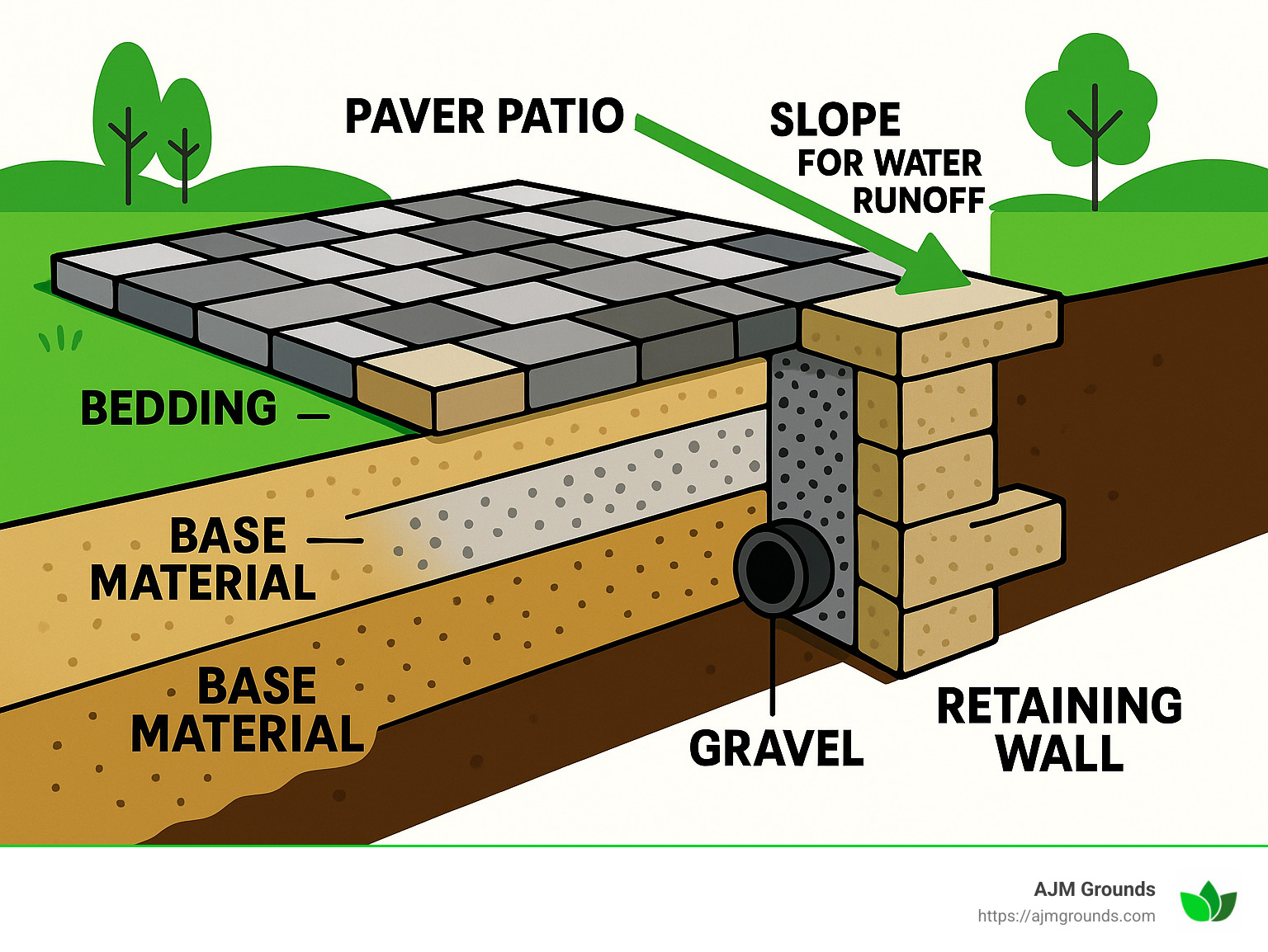 Diagram showing cross-section of retaining wall with paver patio installation including layers of base material, drainage solutions, wall construction, and paver installation with proper slope for water runoff - retaining wall with paver patio infographic 