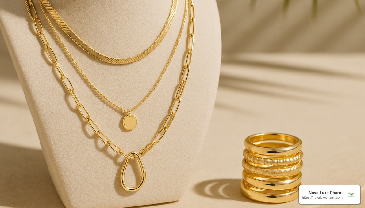 Gorjana versatile jewelry designs featuring layered necklaces and stackable rings - Affordable luxury jewelry