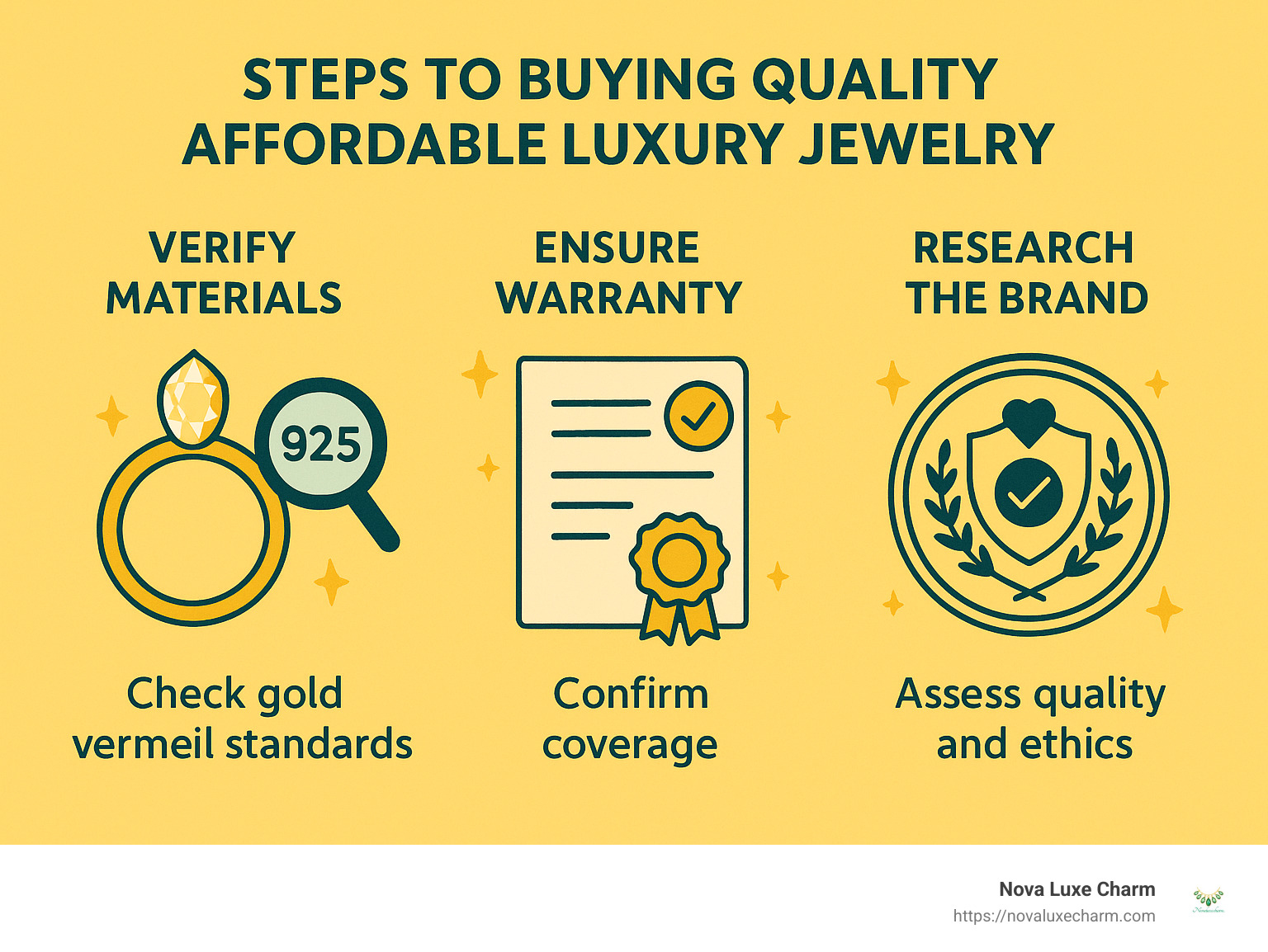 Steps to buying quality affordable luxury jewelry showing material verification, warranty checking, and brand research - Affordable luxury jewelry infographic 