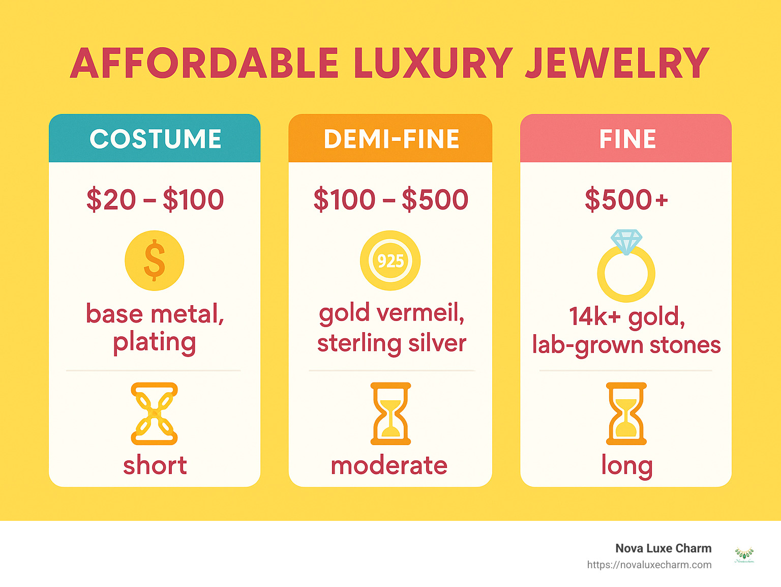 Comparison of affordable luxury jewelry categories showing price ranges, materials used, and expected longevity for costume, demi-fine, and fine jewelry options - Affordable luxury jewelry infographic 