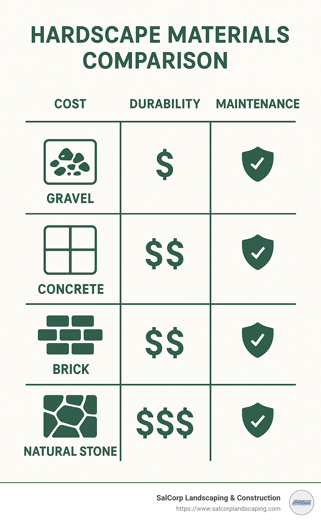 Comparison chart of hardscape materials showing relative costs, durability, and maintenance requirements - Hardscapers Near Me infographic 
