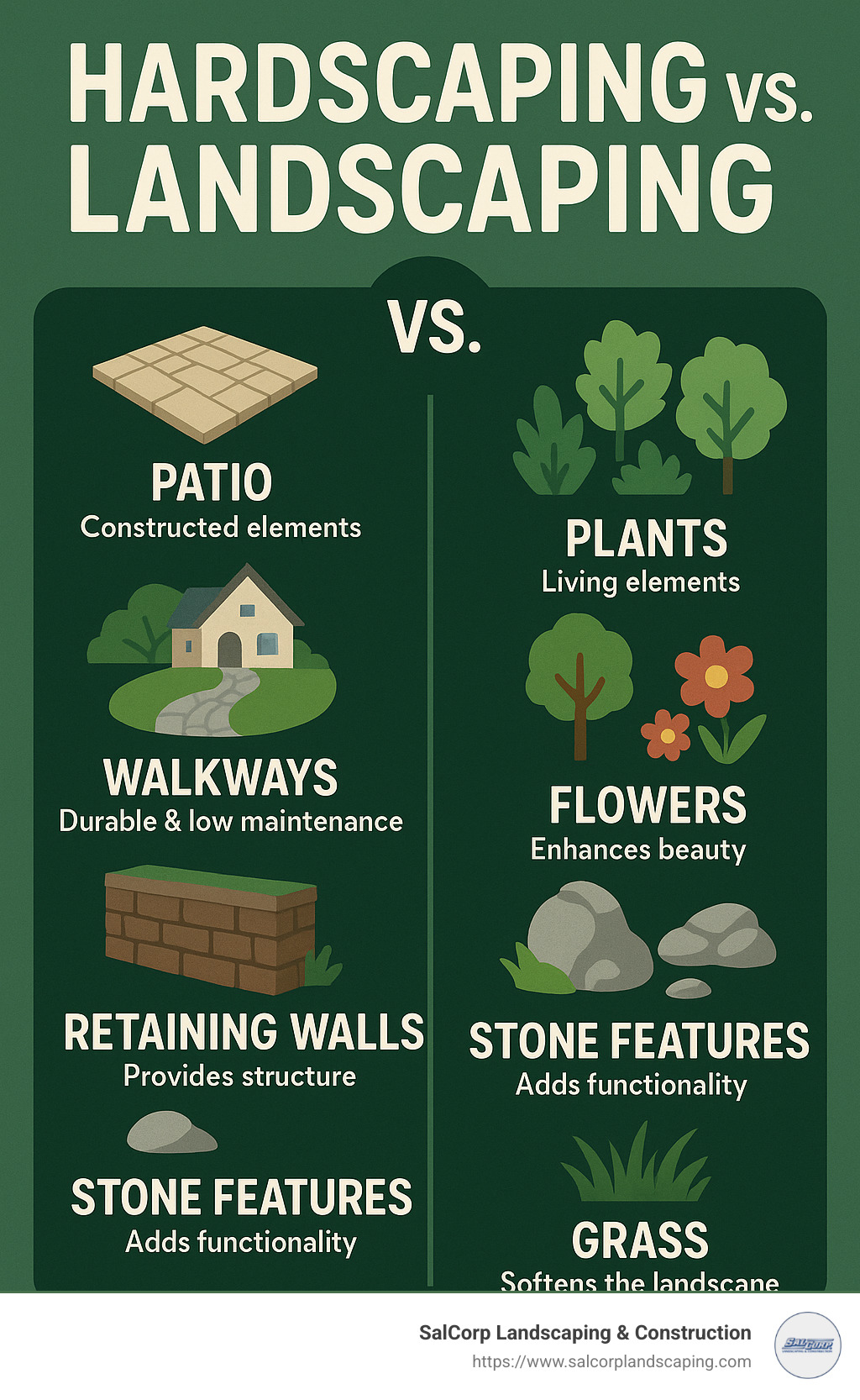 Comparison of hardscaping vs landscaping showing hardscape elements (patios, walkways, retaining walls, stone features) and softscape elements (plants, trees, flowers, grass) with their key differences and benefits - Hardscapers Near Me infographic 