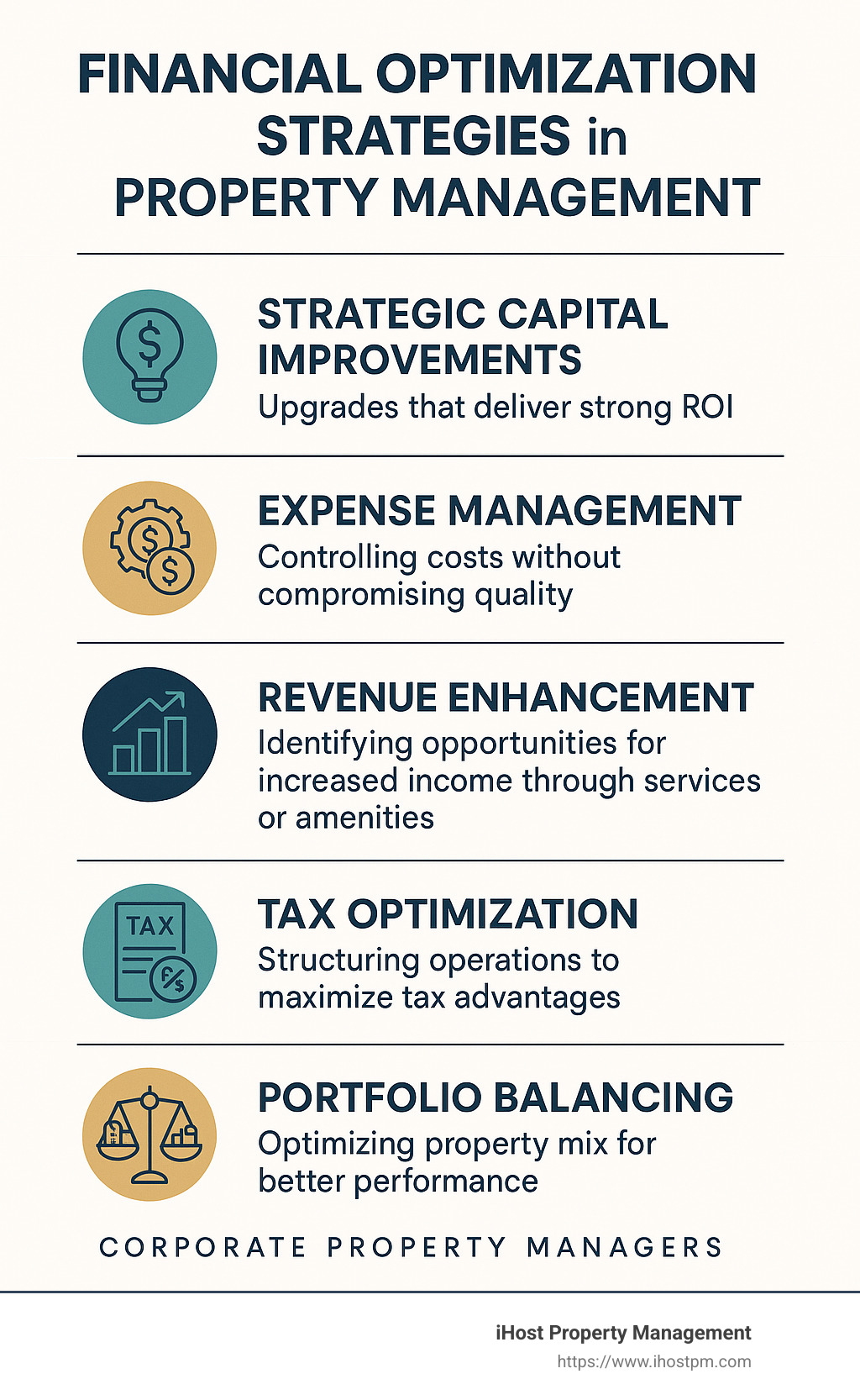 Financial optimization strategies in property management - corporate property managers infographic 