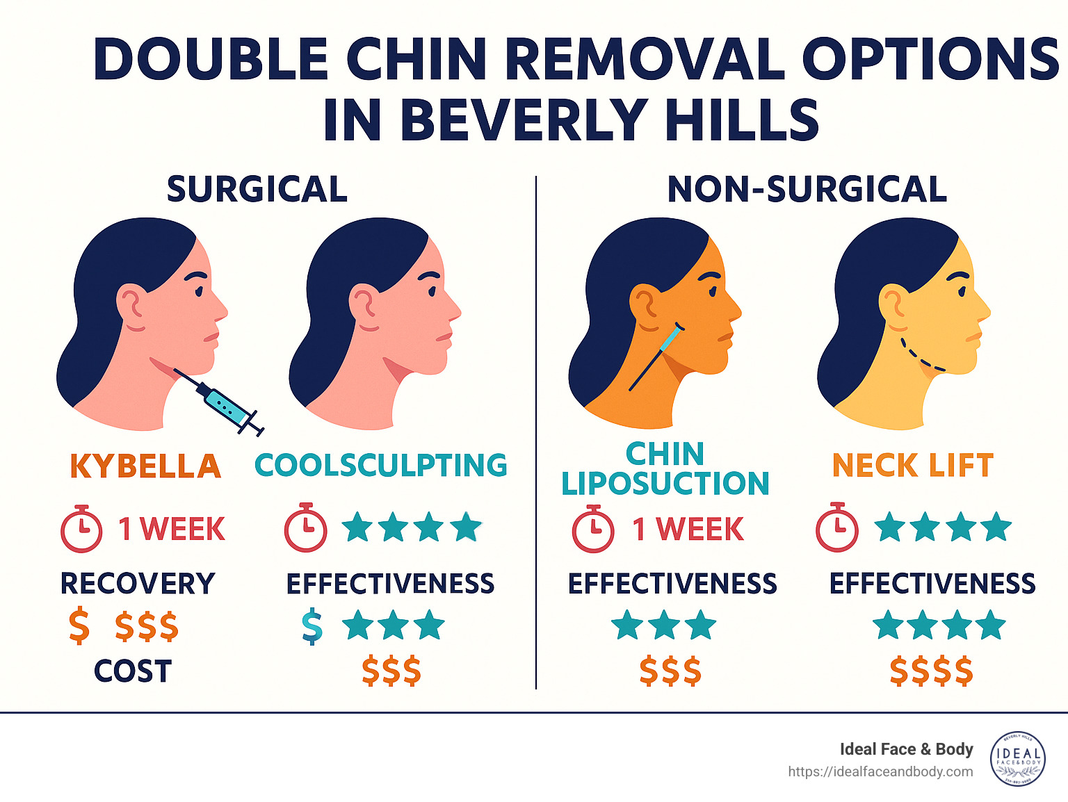 Double chin removal options comparison showing surgical vs non-surgical treatments with recovery times, effectiveness ratings, and cost ranges for Beverly Hills procedures - double chin removal Beverly Hills infographic 
