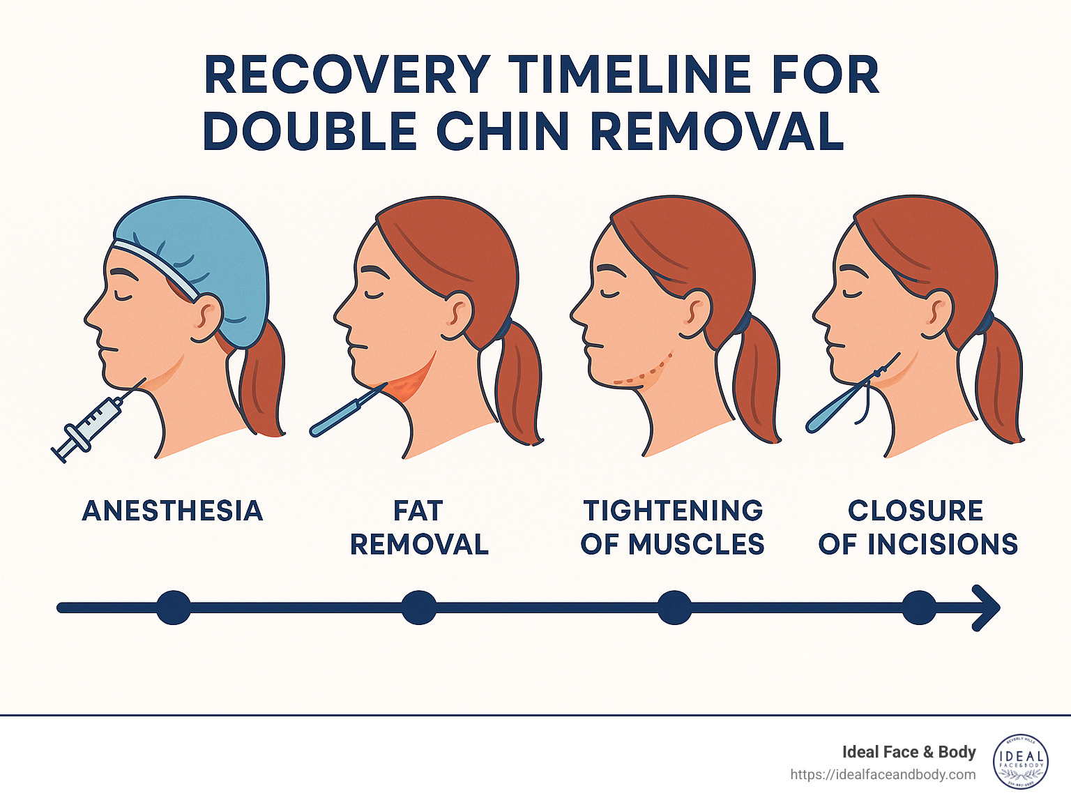 Recovery timeline showing progression from initial treatment through final results for double chin removal procedures - double chin removal Beverly Hills infographic 