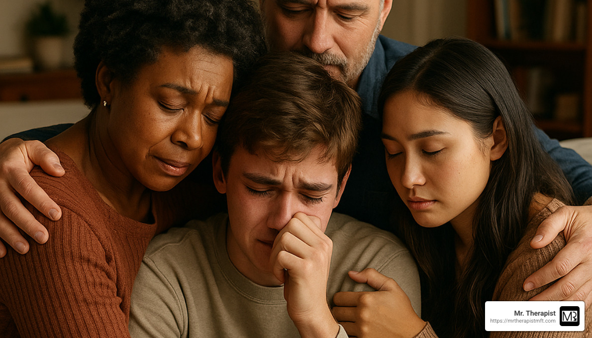 supportive family embracing a grieving teen - grief counseling for teens
