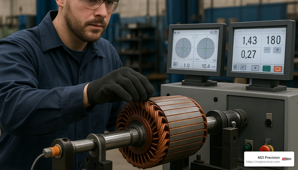 technician performing dynamic balancing on an electric motor rotor - electric motor service and repair technician performing dynamic balancing on an electric motor rotor - electric motor service and repair