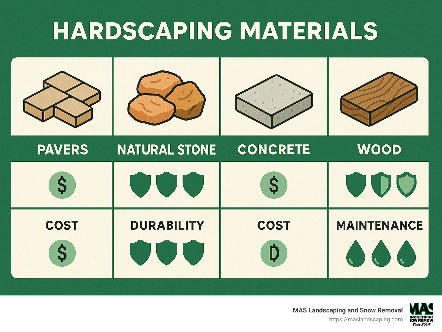 Comparison of hardscaping materials showing pavers, natural stone, concrete, and wood with their relative costs, durability ratings, and maintenance requirements - hardscaping your yard infographic 