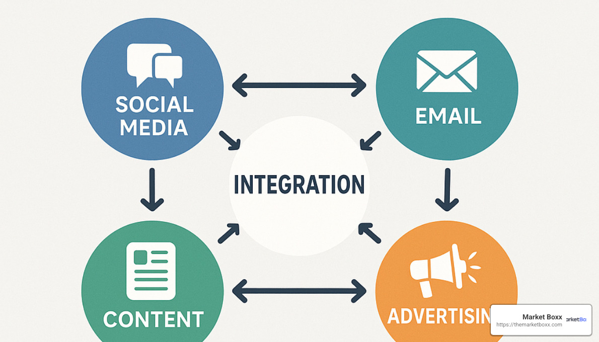 Multi-channel marketing diagram showing integration between social media, email, content and advertising - b2b lead generation