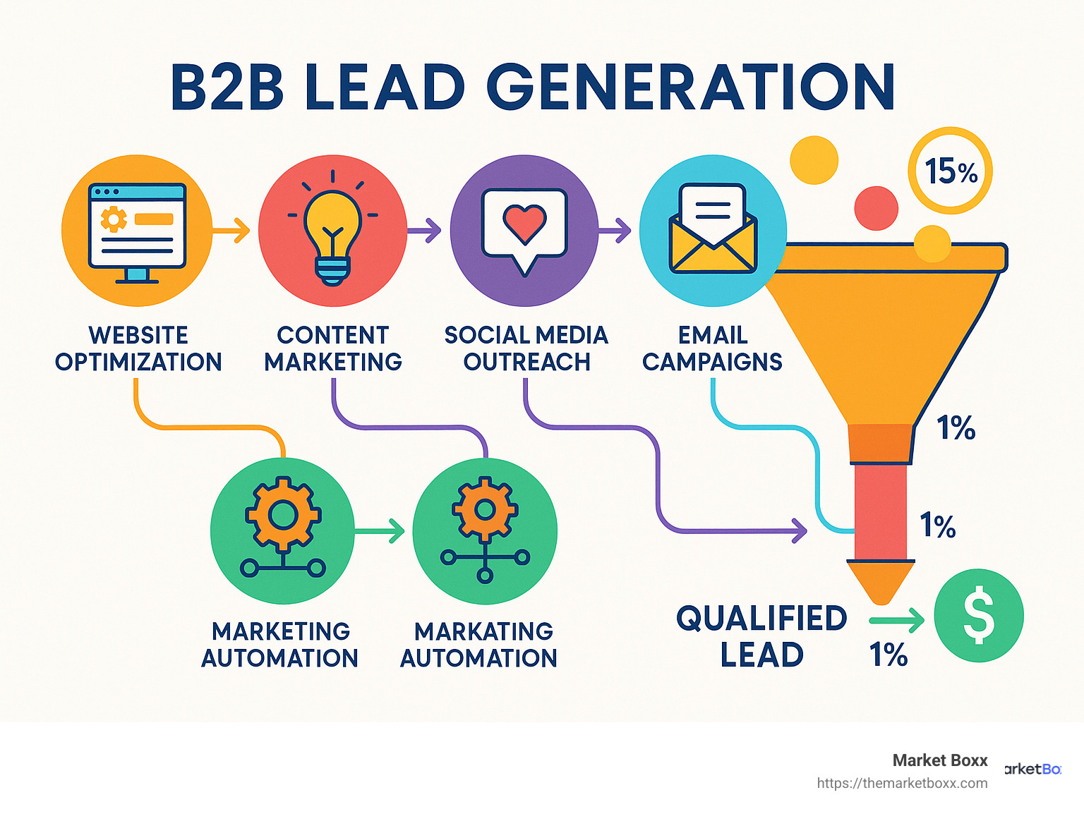 B2b lead generation process showing website optimization, content marketing, social media outreach, email campaigns, and marketing automation flowing into a qualified lead pipeline with conversion metrics at each stage - b2b lead generation infographic
