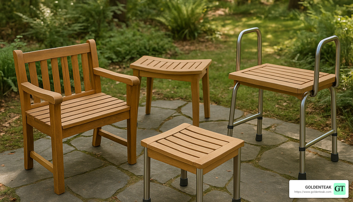 various types of outdoor teak shower benches - shower seat for elderly