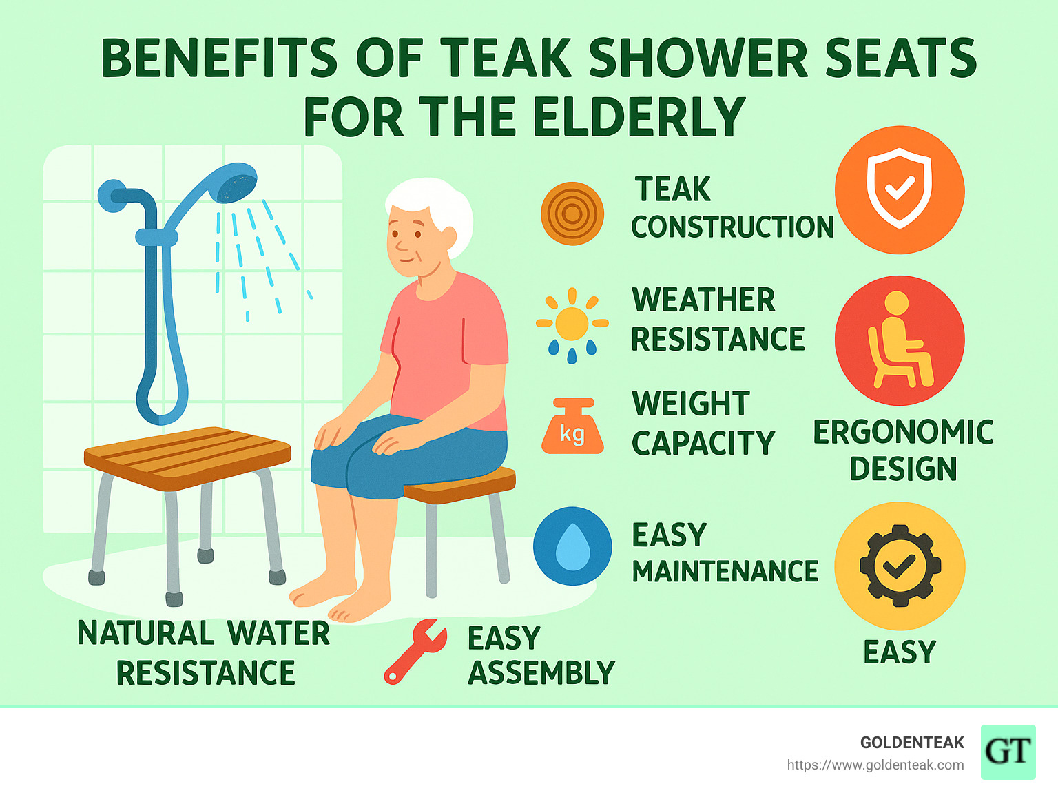 Benefits of teak shower seats for elderly showing safety features, ergonomic design, natural water resistance, and easy maintenance requirements - shower seat for elderly infographic 