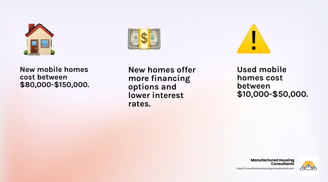 Comparison of new vs used mobile homes showing cost differences, financing options, customization potential, warranty coverage, energy efficiency ratings, and typical move-in timelines - new vs used mobile homes for sale infographic 3_facts_emoji_light-gradient