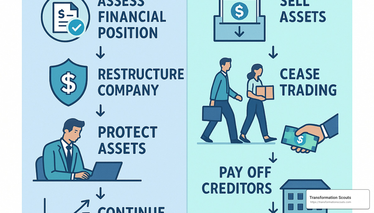 illustration showing administration vs. liquidation processes and outcomes - corporate recovery services