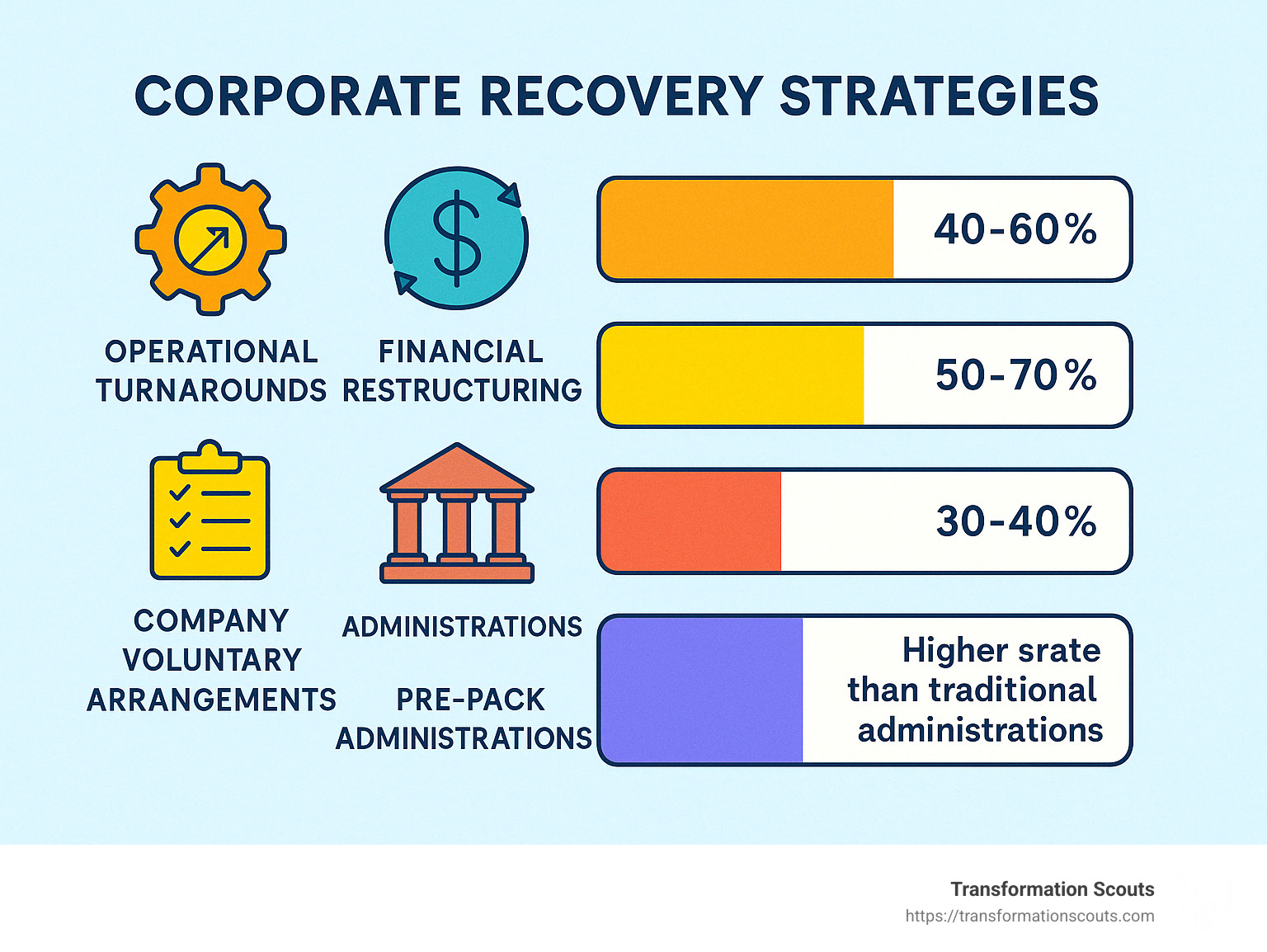 success rates comparison for different recovery strategies - corporate recovery services infographic