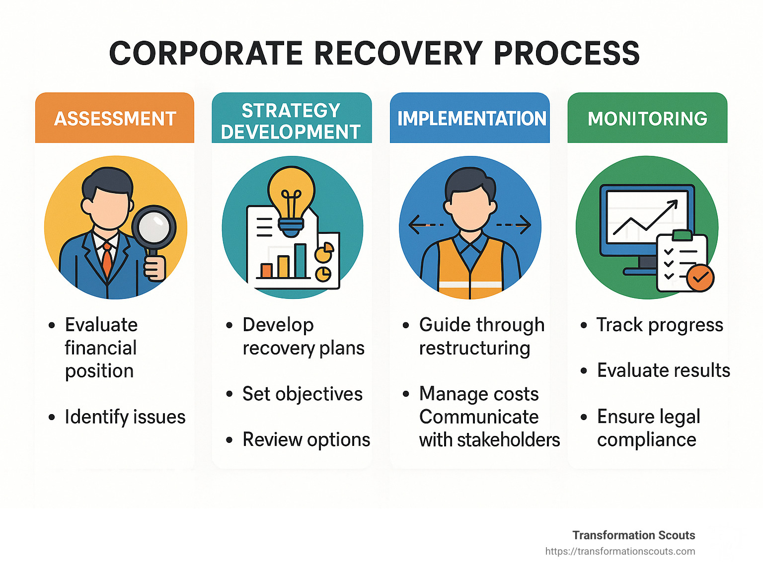 Corporate recovery process showing assessment, strategy development, implementation and monitoring phases with specific actions at each stage - corporate recovery services infographic