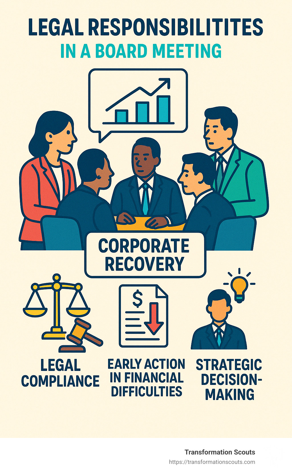 directors in a serious board meeting discussing legal responsibilities - corporate recovery services infographic