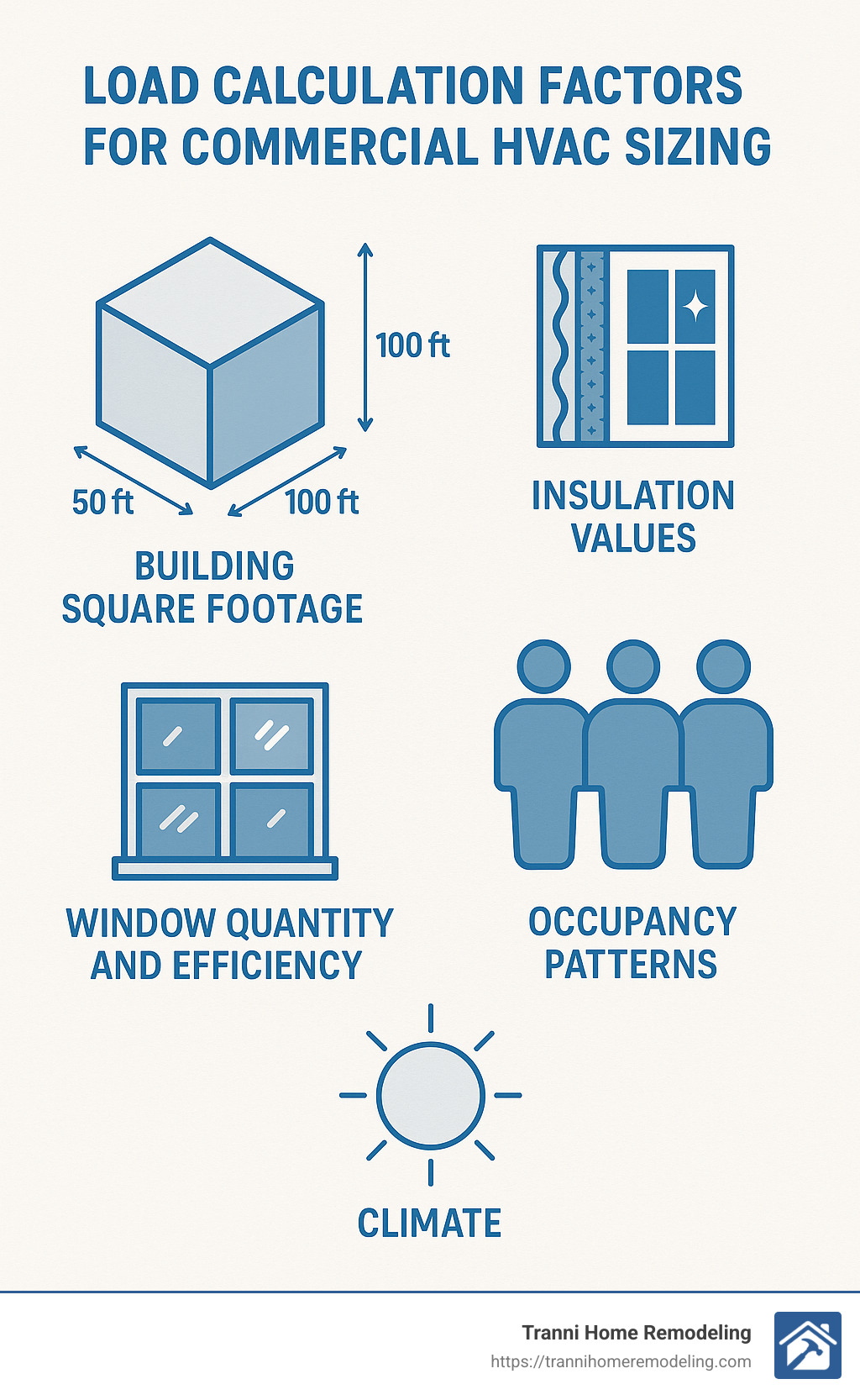 load calculation factors for commercial HVAC sizing including building dimensions, insulation values, window areas, and occupancy patterns - HVAC Installation infographic 