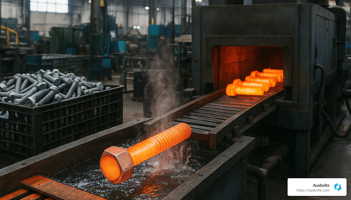 bolt manufacturing process showing quenching and tempering - bolts 10.9 tensile strength