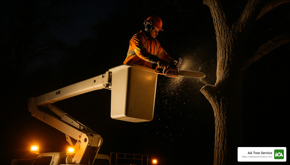 aerial lift truck with chainsaw operator removing tree at night - 24 hour tree removal