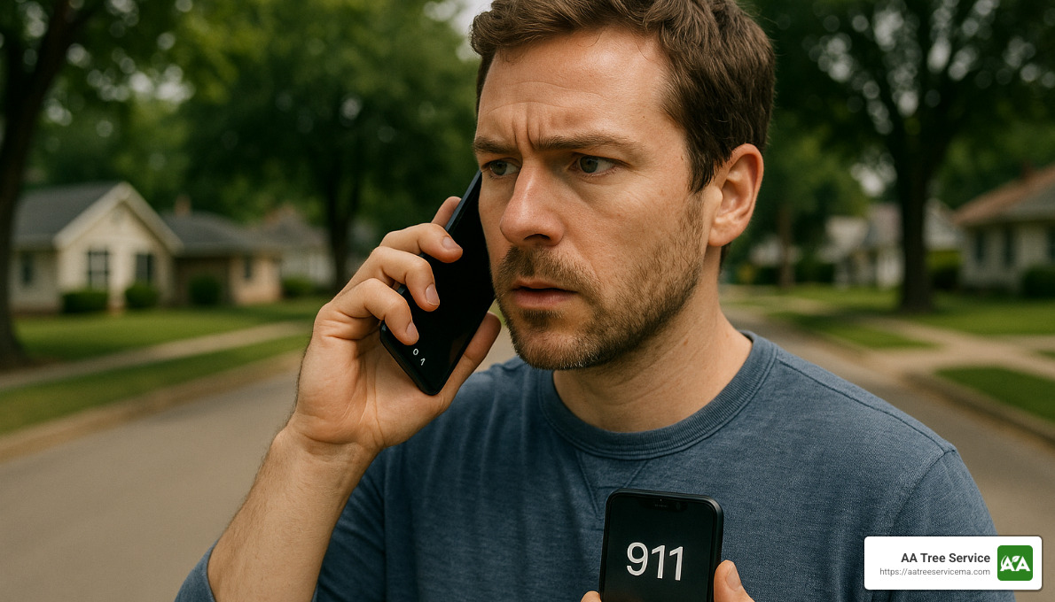 person making emergency call on cell phone - 24 hour tree removal