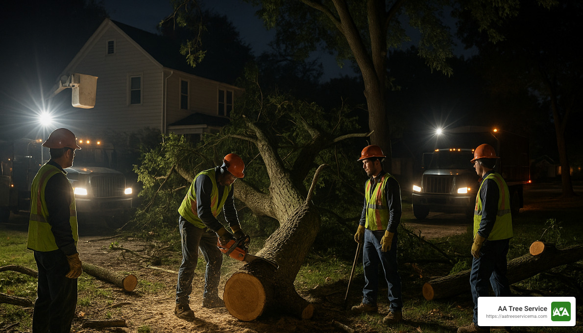 tree crew working at night with spotlights - 24 hour tree removal