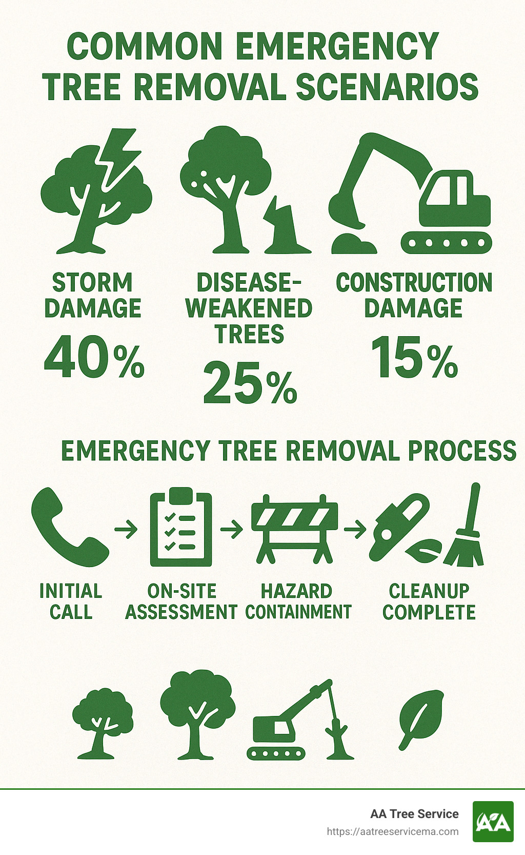 Infographic showing common emergency tree removal scenarios including storm damage (40%), disease-weakened trees (25%), structural failure (20%), and construction damage (15%), with a visual timeline of the emergency response process from the initial call to complete removal - 24 hour tree removal infographic 
