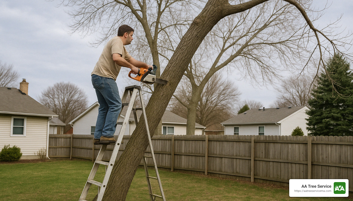 unsafe DIY tree removal attempt with ladder against unstable tree - 24 hour tree removal