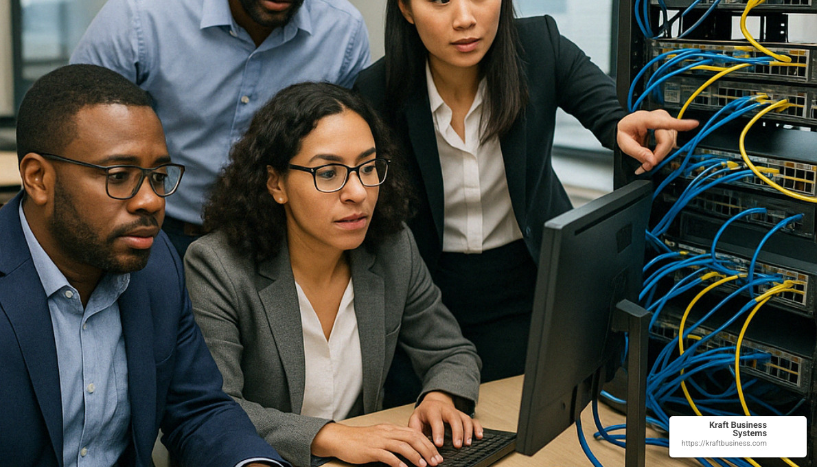 business professionals working with network infrastructure in an office setting - Network management services