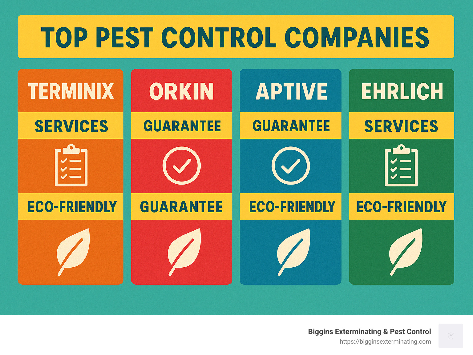 Comparison of top pest control companies showing services, guarantees, and eco-friendly options - best exterminator infographic