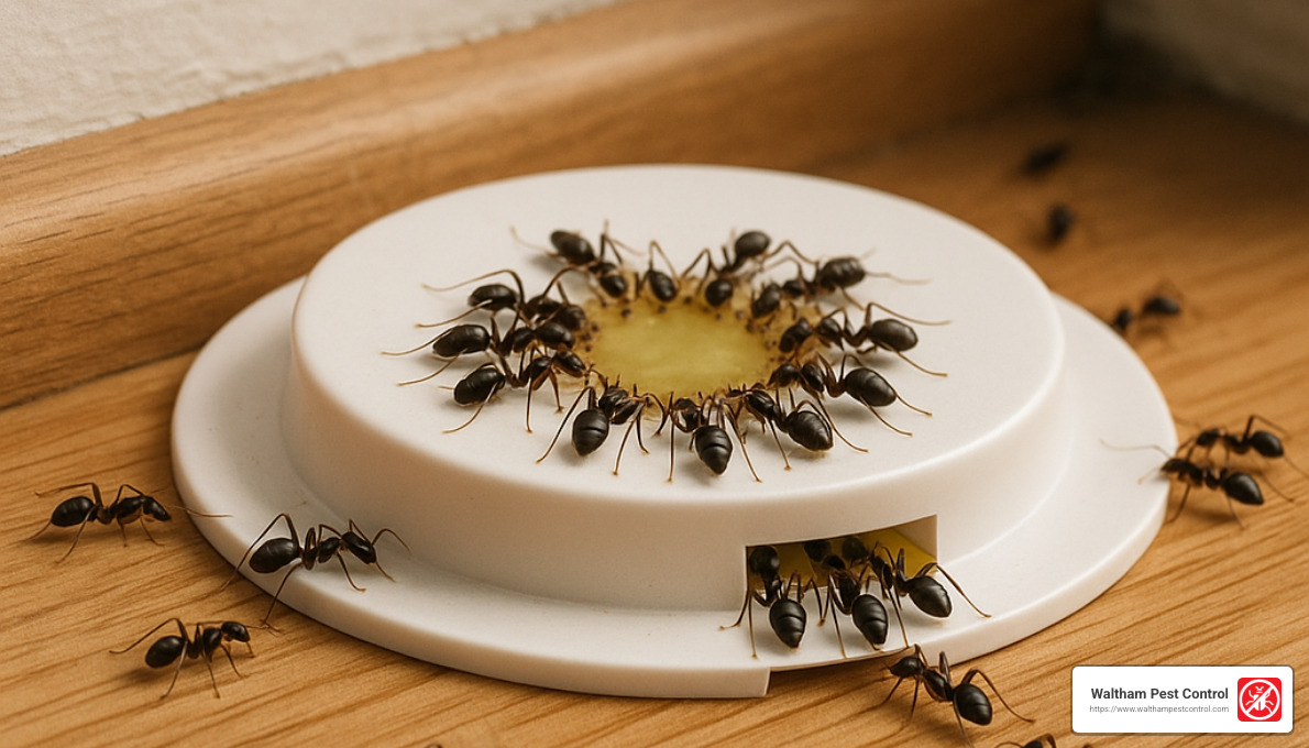 close-up of ant bait station with ants feeding - ant bait station indoor