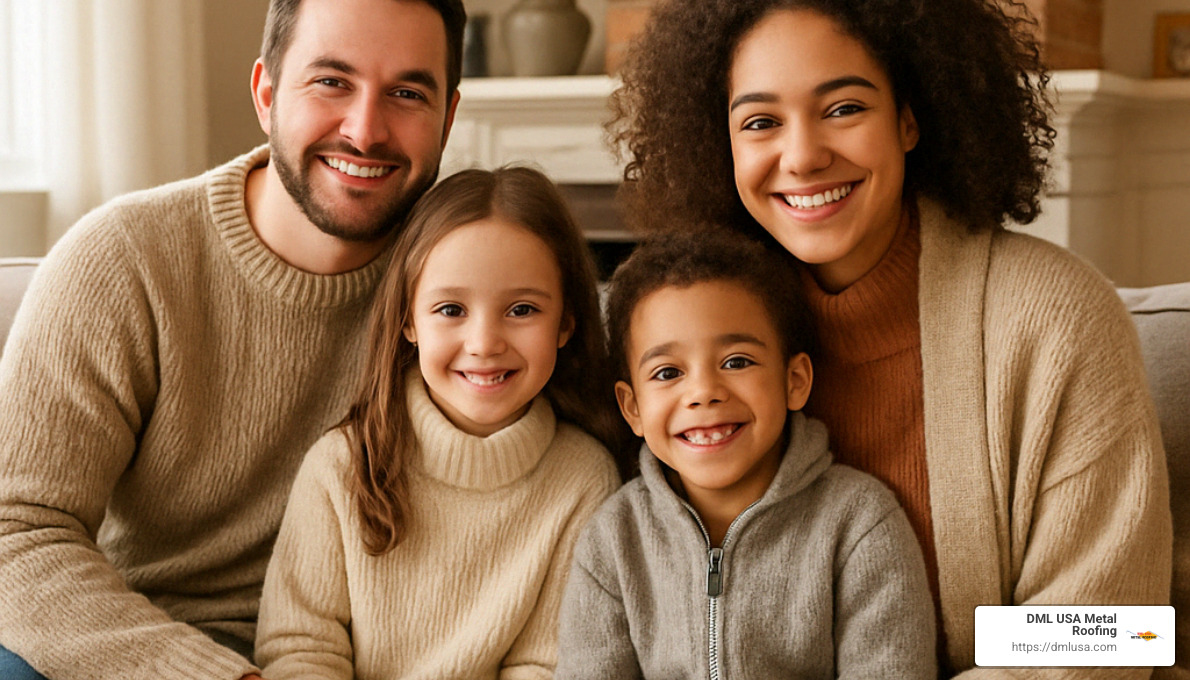 happy family in a comfortable, well-insulated home - energy saving roof insulation