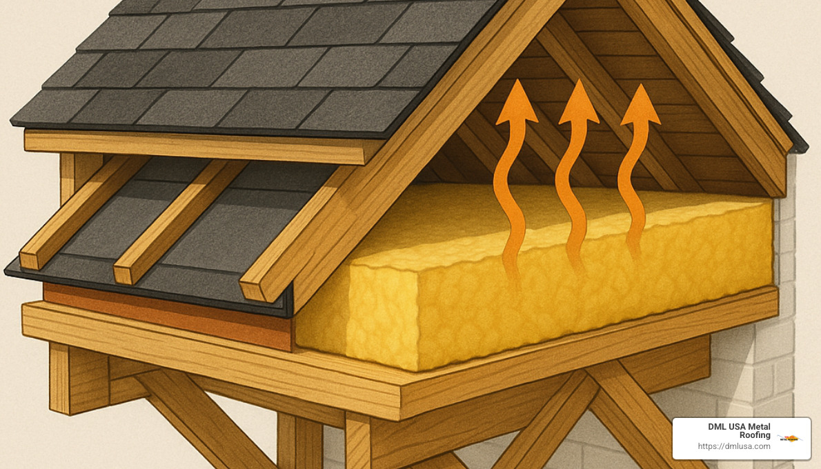 cross-section of an insulated roof showing layers - energy saving roof insulation