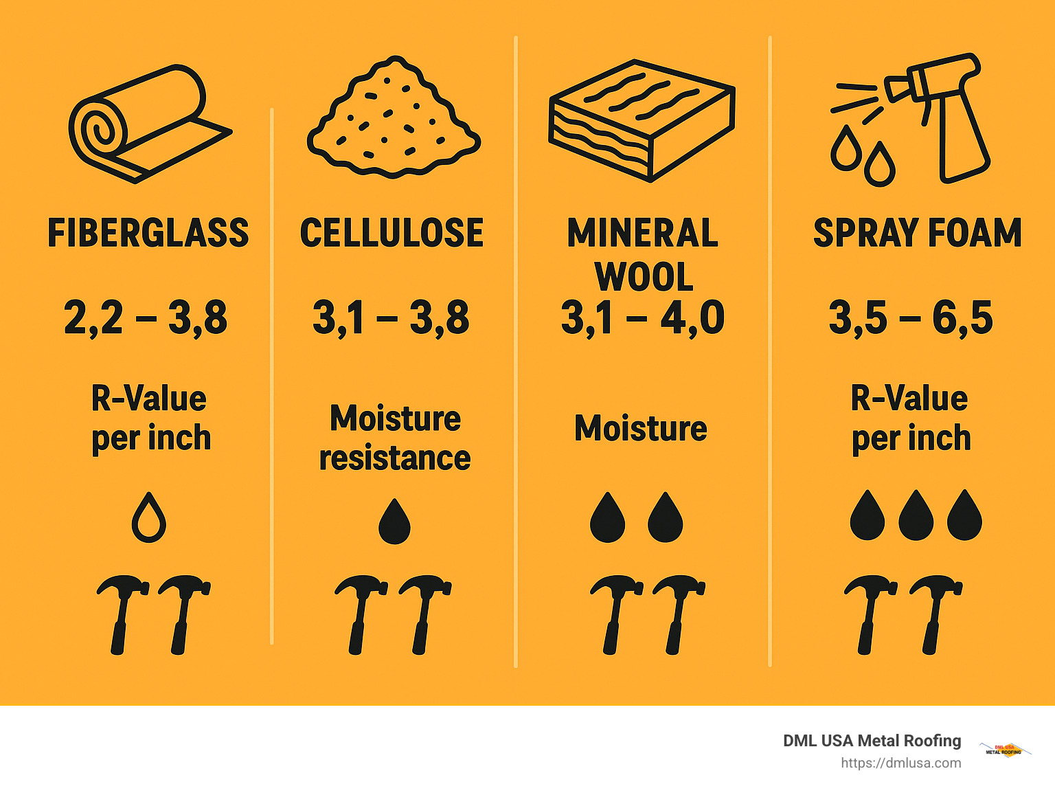 Comparison of different insulation types showing R-values per inch, moisture resistance, and installation complexity - energy saving roof insulation infographic 