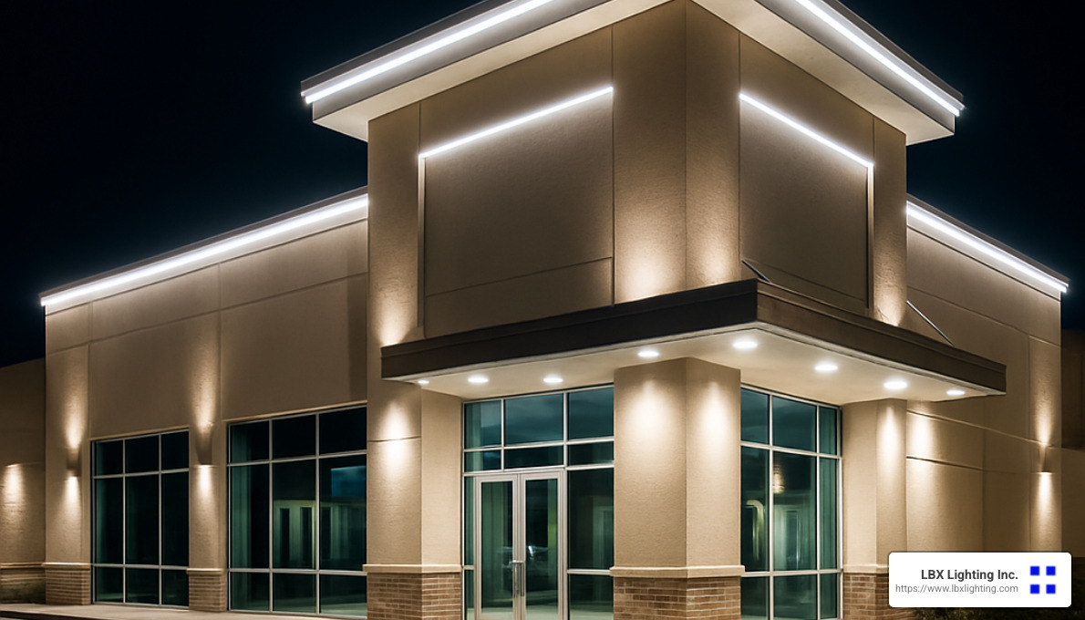 well-lit commercial building exterior at night - Houston lighting repair