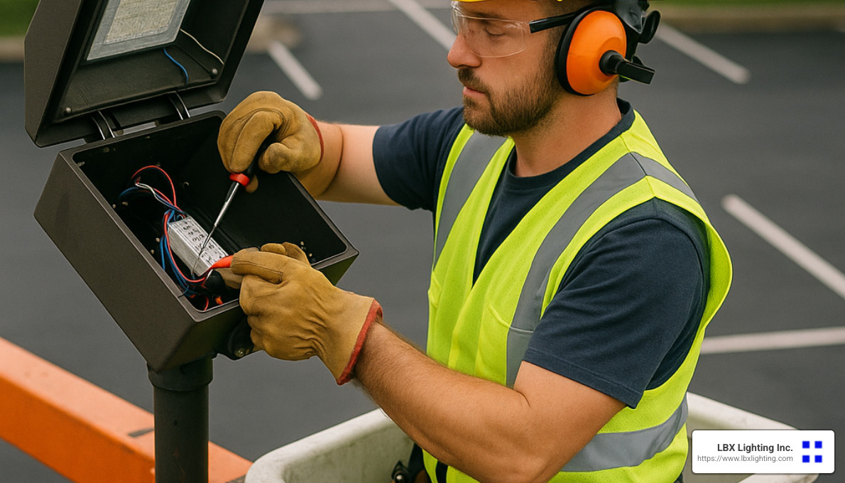 commercial electrician repairing outdoor lighting fixture - Houston lighting repair