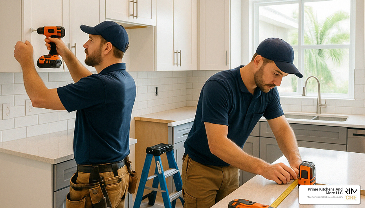 professional cabinet installers working in an Orlando kitchen - cabinet contractors orlando