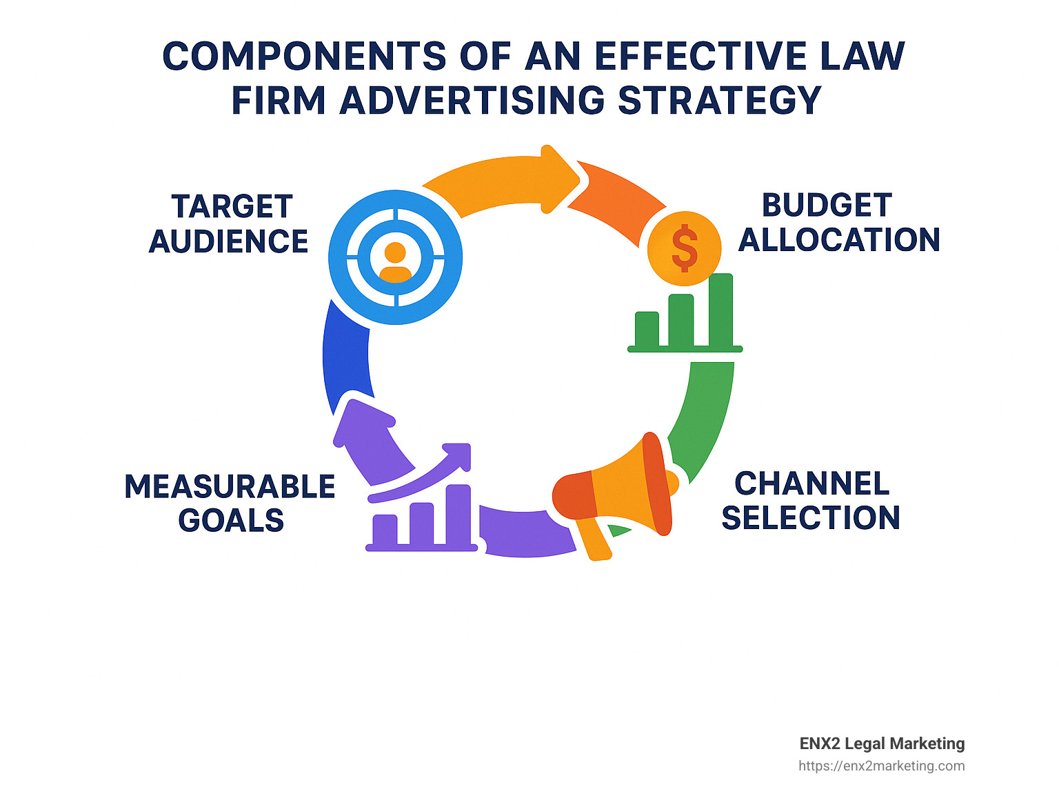 Components of an effective law firm advertising strategy showing the relationship between target audience, budget allocation, channel selection, measurable goals, and performance tracking in a circular workflow - Law firm advertising strategy infographic 