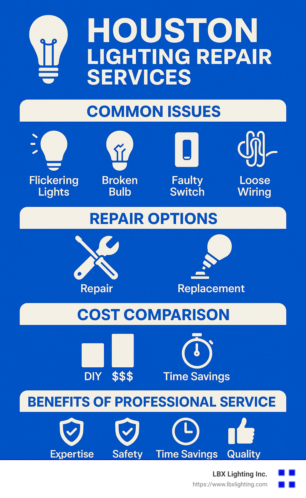 Comprehensive guide to Houston lighting repair services showing common issues, repair options, and benefits of professional service with cost comparisons between DIY and professional repairs - Houston lighting repair infographic 