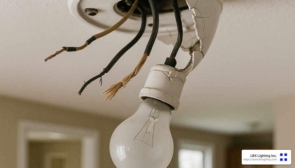 damaged light fixture with visible wiring issues - Houston lighting repair