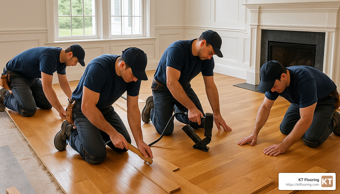 Professional hardwood floor installation team working in a New Hampshire home - hardwood floor installation NH