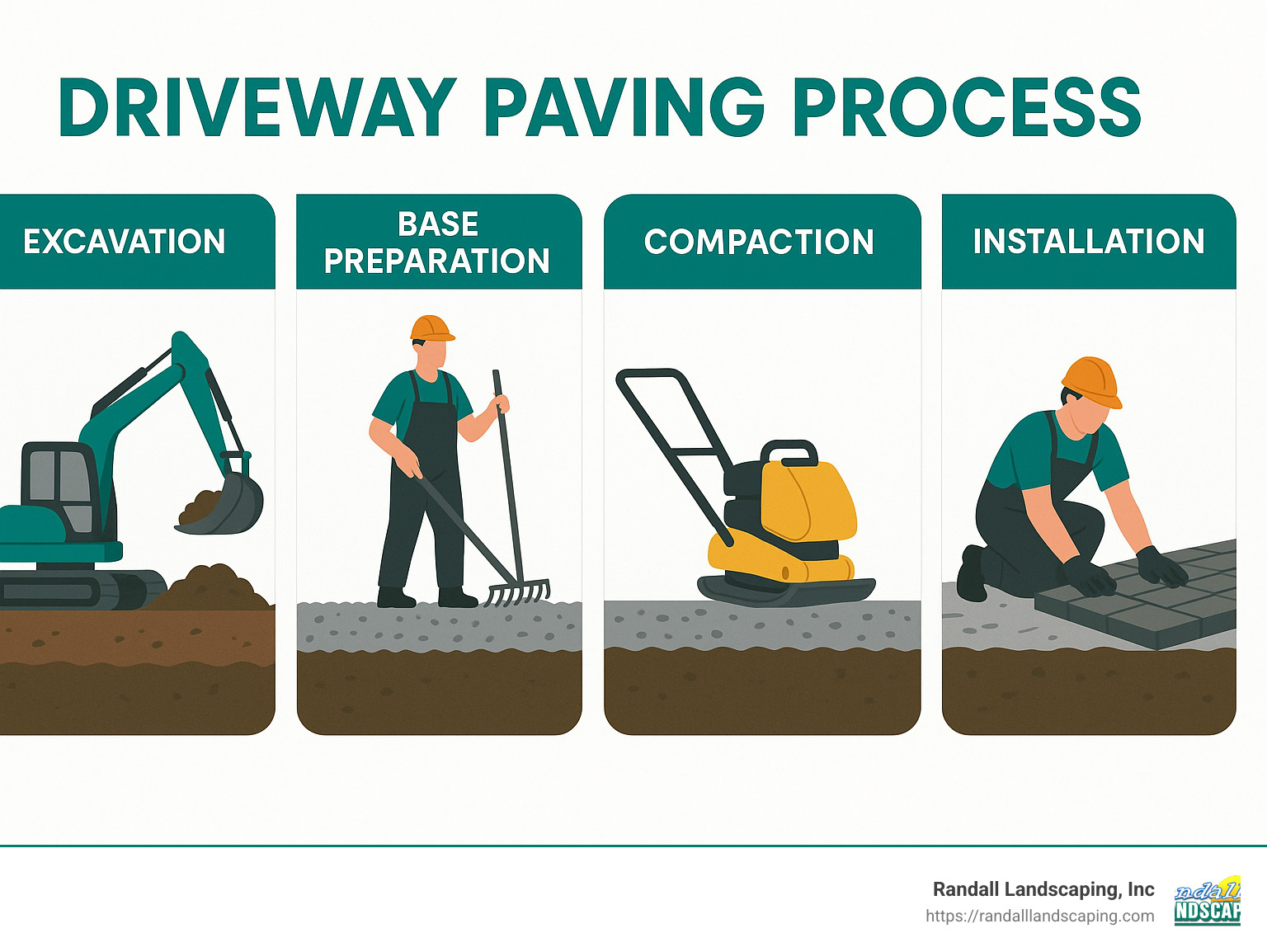 Step by step illustration of the driveway paving process from excavation through final installation, highlighting the importance of proper base preparation in Salem NH's climate - Driveway paving Salem NH infographic 