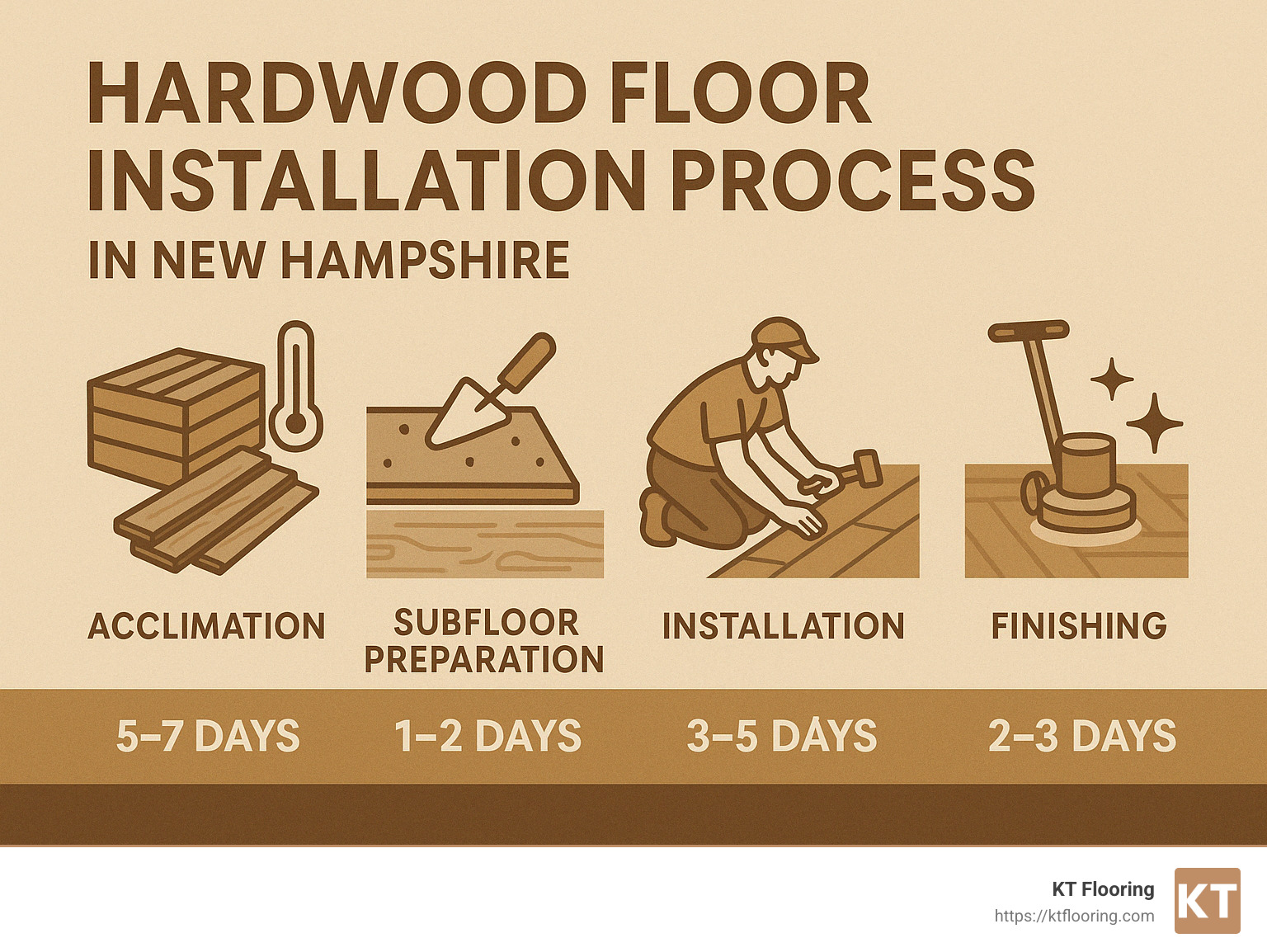Hardwood floor installation process in New Hampshire showing acclimation, subfloor preparation, installation, and finishing with average timelines for each step - hardwood floor installation NH infographic 