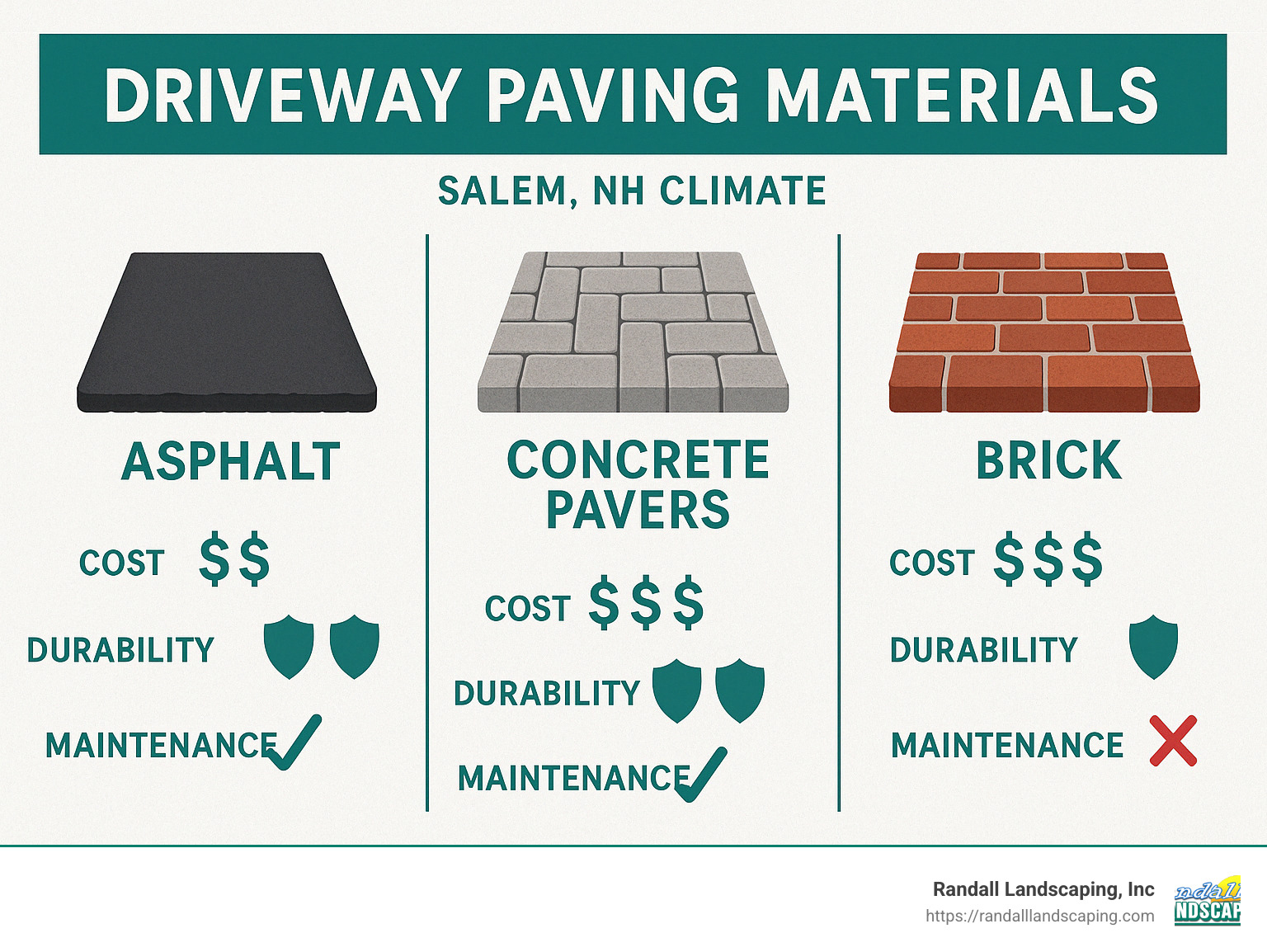 Comparison of driveway paving materials showing asphalt, concrete pavers, and brick options with their respective costs, durability ratings, and maintenance requirements for Salem NH climate - Driveway paving Salem NH infographic 