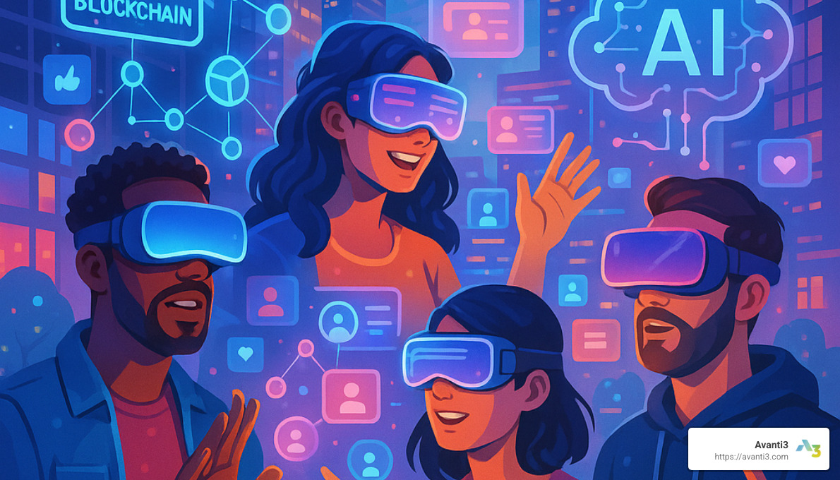 futuristic visualization of AR/VR community engagement with blockchain and AI elements - digital community engagement