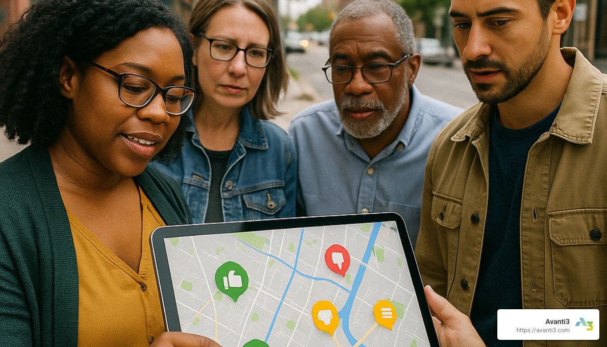 urban planners reviewing digital map feedback with community members - digital community engagement