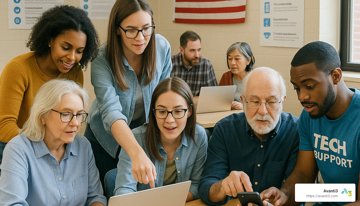 diverse community members facing digital divide challenges with solutions being implemented - digital community engagement